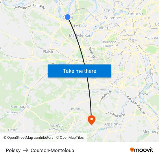 Poissy to Courson-Monteloup map