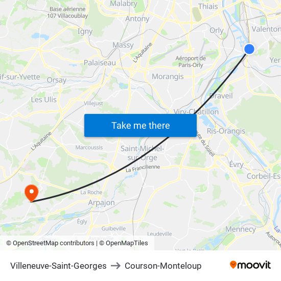 Villeneuve-Saint-Georges to Courson-Monteloup map