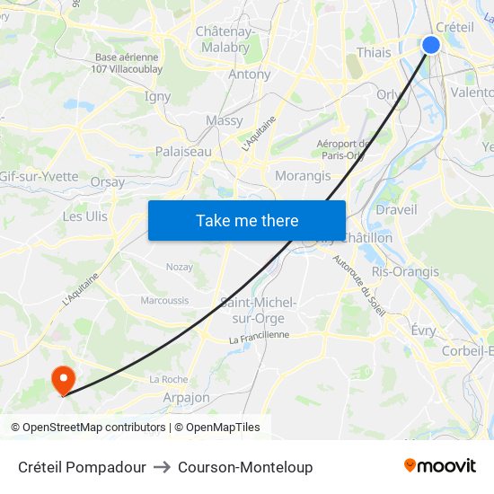 Créteil Pompadour to Courson-Monteloup map