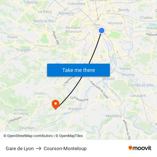 Gare de Lyon to Courson-Monteloup map