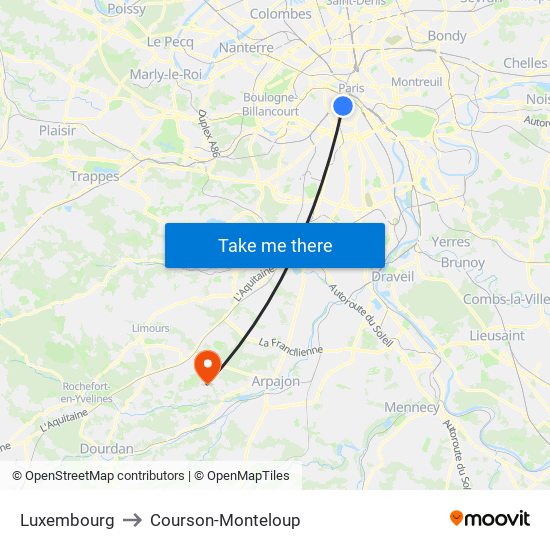 Luxembourg to Courson-Monteloup map