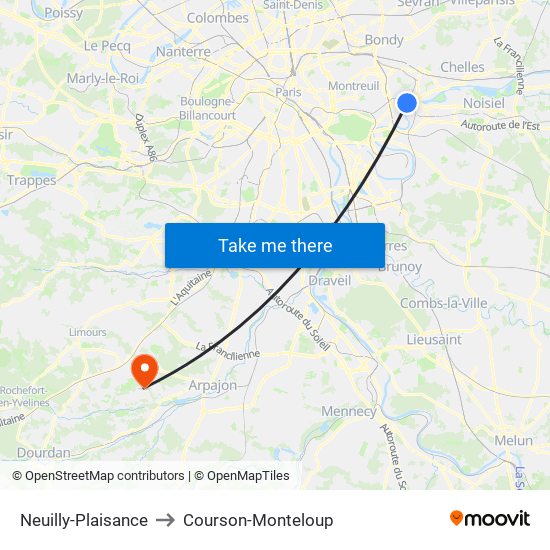 Neuilly-Plaisance to Courson-Monteloup map