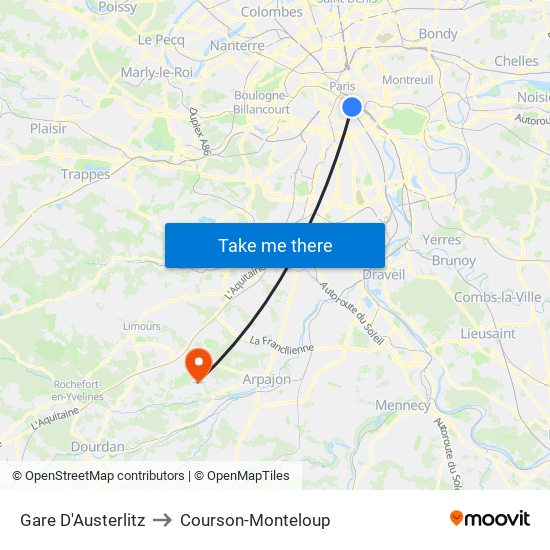 Gare D'Austerlitz to Courson-Monteloup map
