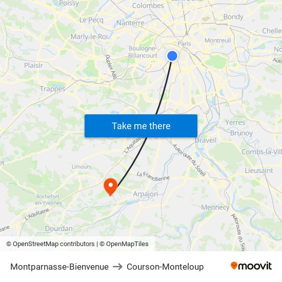 Montparnasse-Bienvenue to Courson-Monteloup map