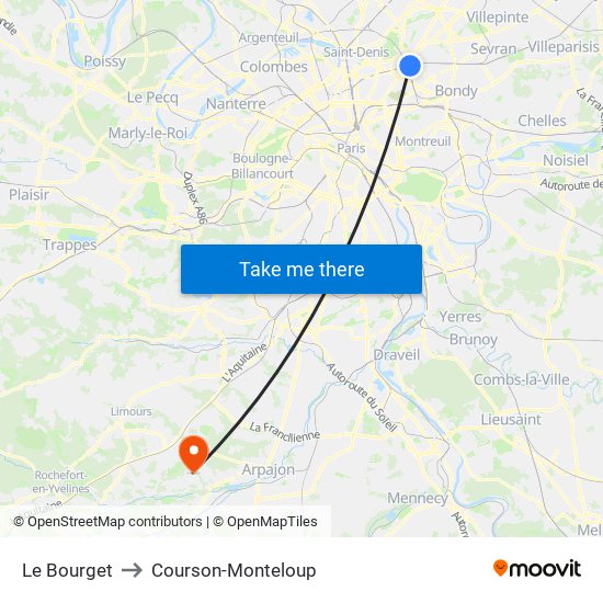 Le Bourget to Courson-Monteloup map