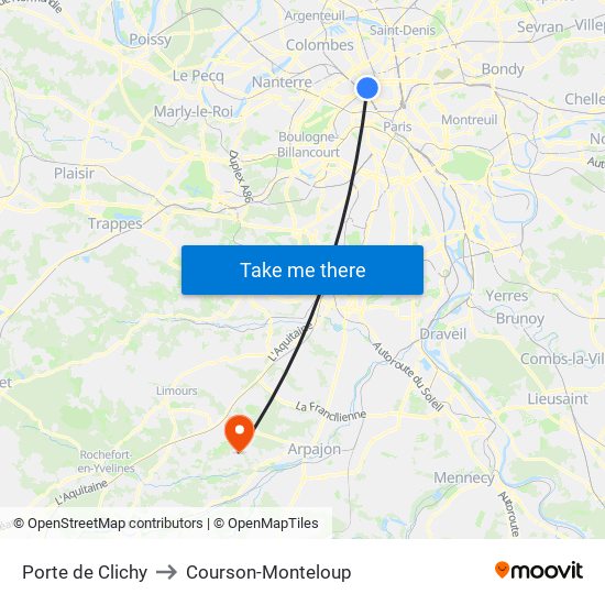 Porte de Clichy to Courson-Monteloup map