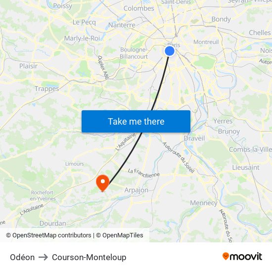 Odéon to Courson-Monteloup map