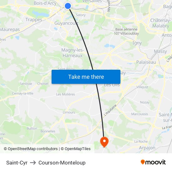 Saint-Cyr to Courson-Monteloup map