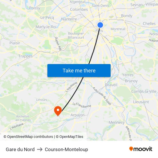 Gare du Nord to Courson-Monteloup map