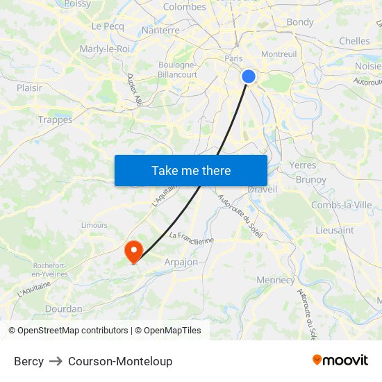 Bercy to Courson-Monteloup map