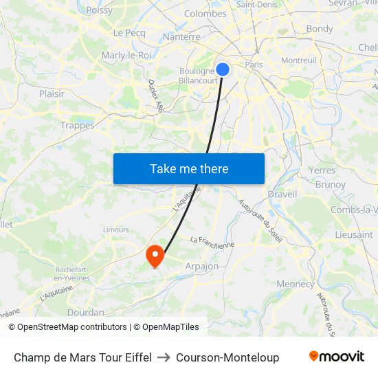 Champ de Mars Tour Eiffel to Courson-Monteloup map