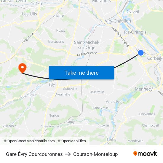Gare Évry Courcouronnes to Courson-Monteloup map