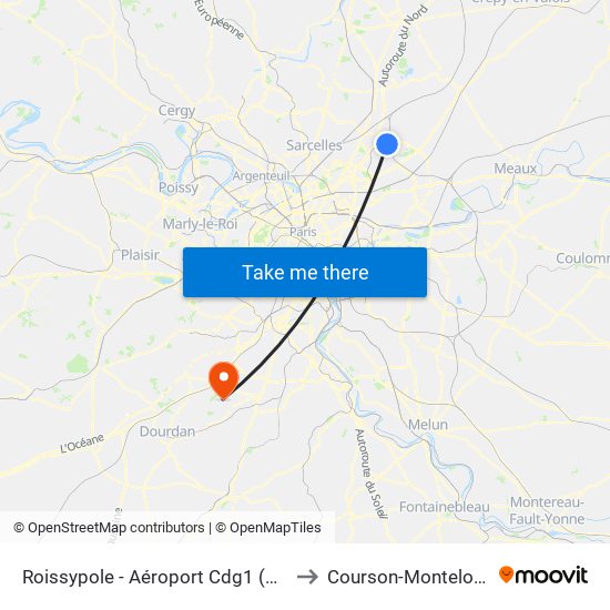 Roissypole - Aéroport Cdg1 (D3) to Courson-Monteloup map
