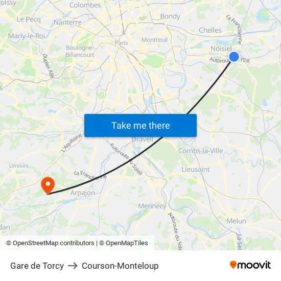 Gare de Torcy to Courson-Monteloup map