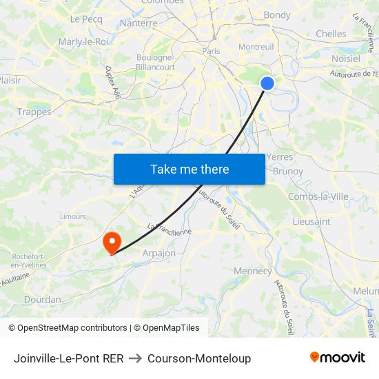 Joinville-Le-Pont RER to Courson-Monteloup map