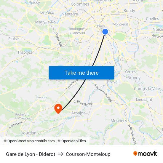 Gare de Lyon - Diderot to Courson-Monteloup map