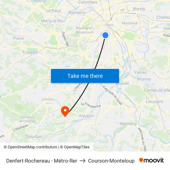 Denfert-Rochereau - Métro-Rer to Courson-Monteloup map