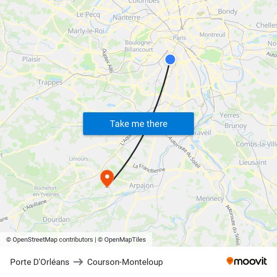Porte D'Orléans to Courson-Monteloup map