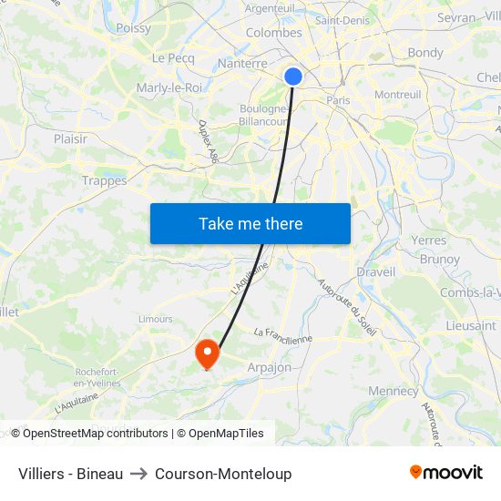 Villiers - Bineau to Courson-Monteloup map