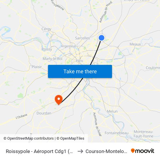 Roissypole - Aéroport Cdg1 (E2) to Courson-Monteloup map