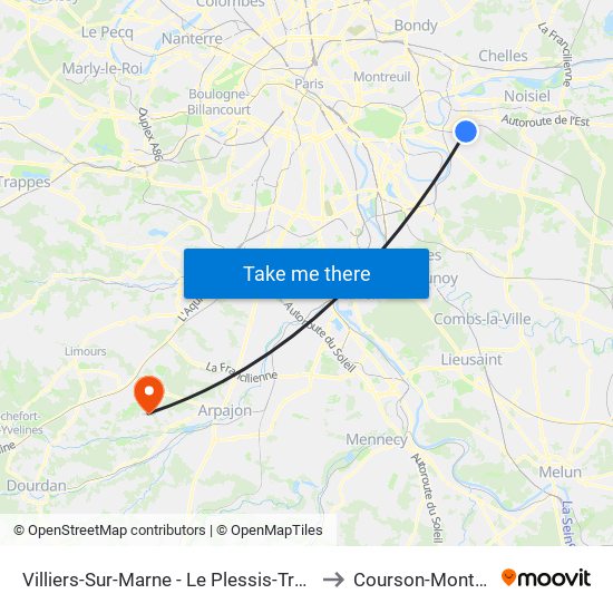 Villiers-Sur-Marne - Le Plessis-Trévise RER to Courson-Monteloup map