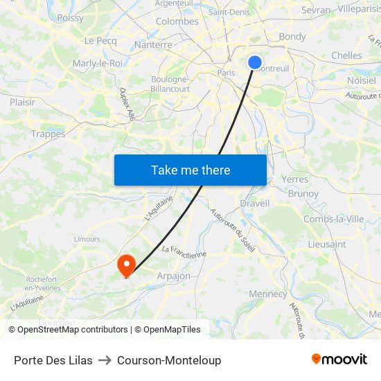 Porte Des Lilas to Courson-Monteloup map