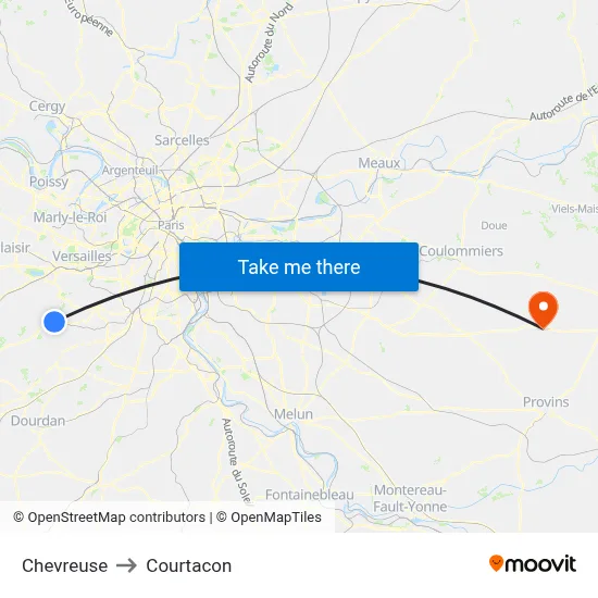 Chevreuse to Courtacon map