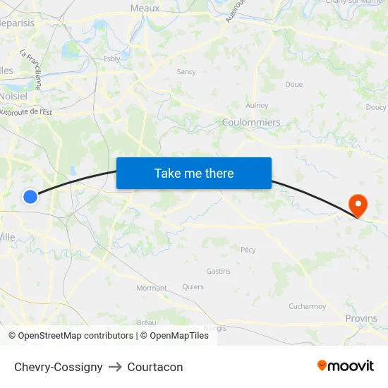 Chevry-Cossigny to Courtacon map