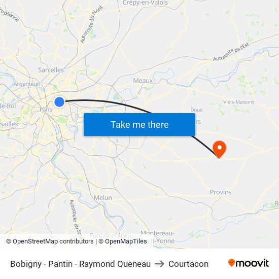 Bobigny - Pantin - Raymond Queneau to Courtacon map