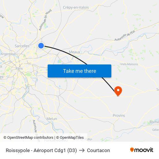 Roissypole - Aéroport Cdg1 (D3) to Courtacon map