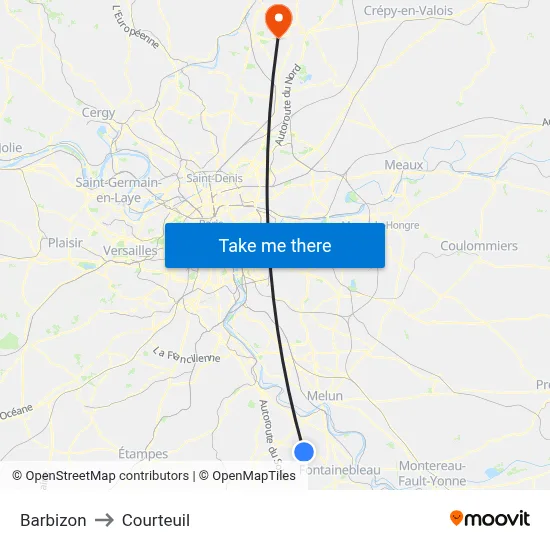 Barbizon to Courteuil map