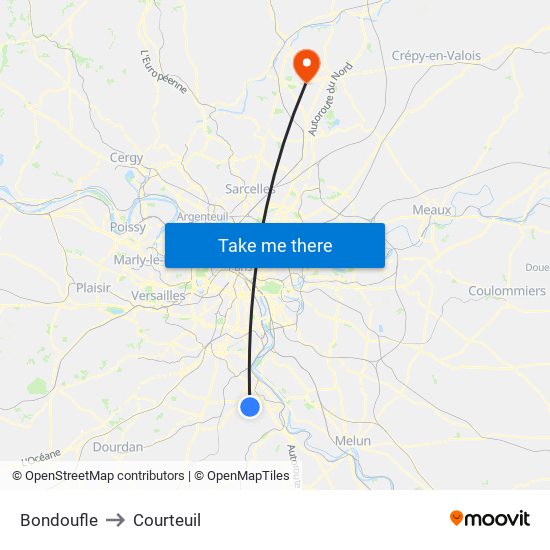 Bondoufle to Courteuil map
