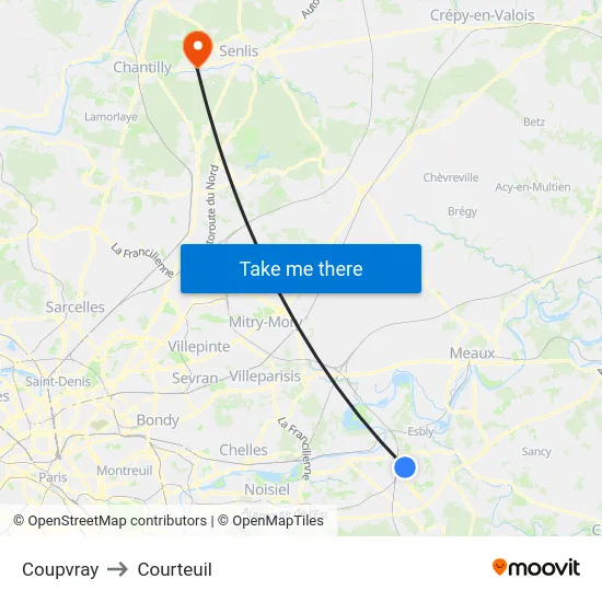 Coupvray to Courteuil map