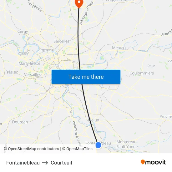 Fontainebleau to Courteuil map