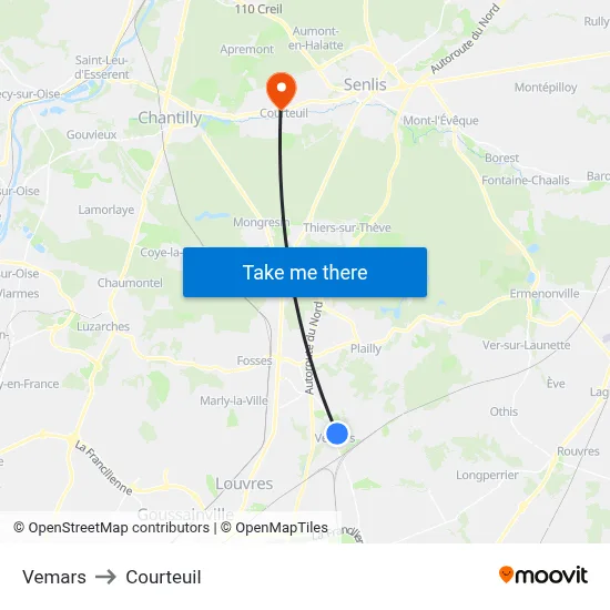 Vemars to Courteuil map