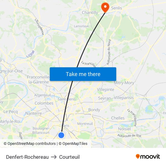 Denfert-Rochereau to Courteuil map