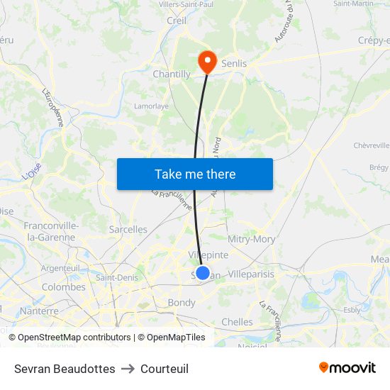 Sevran Beaudottes to Courteuil map