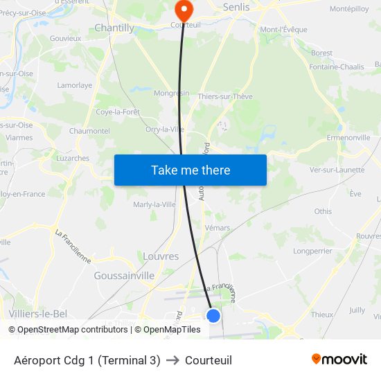 Aéroport Cdg 1 (Terminal 3) to Courteuil map