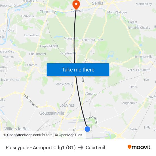 Roissypole - Aéroport Cdg1 (G1) to Courteuil map