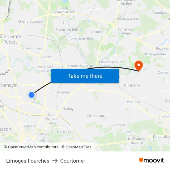 Limoges-Fourches to Courtomer map