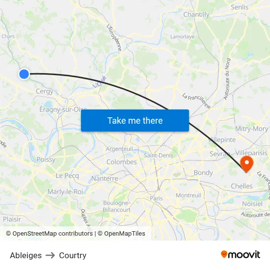 Ableiges to Courtry map