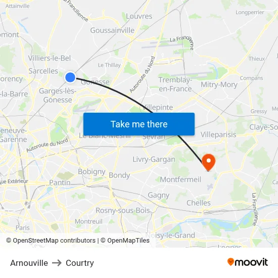 Arnouville to Courtry map