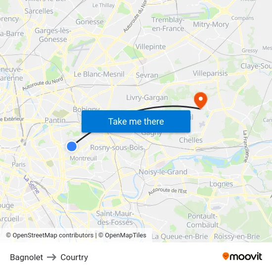 Bagnolet to Courtry map