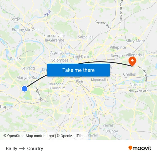 Bailly to Courtry map