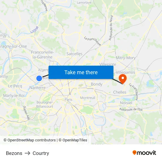 Bezons to Courtry map