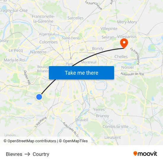 Bievres to Courtry map