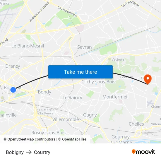 Bobigny to Courtry map