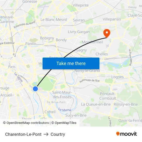 Charenton-Le-Pont to Courtry map