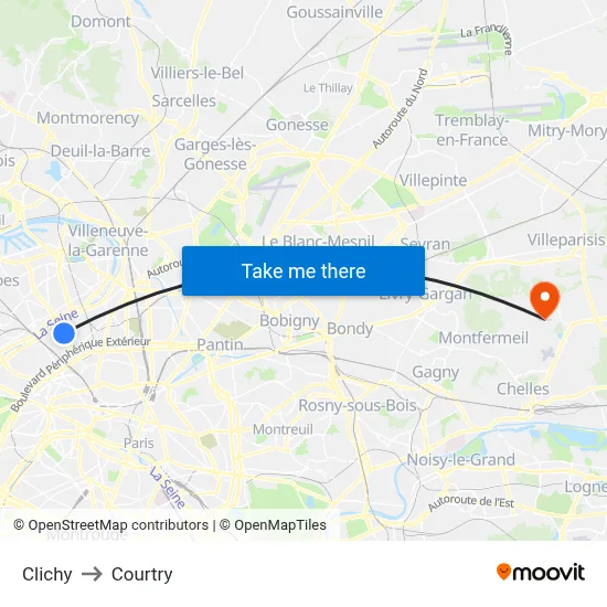 Clichy to Courtry map