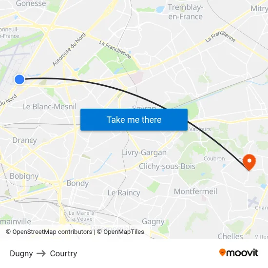 Dugny to Courtry map
